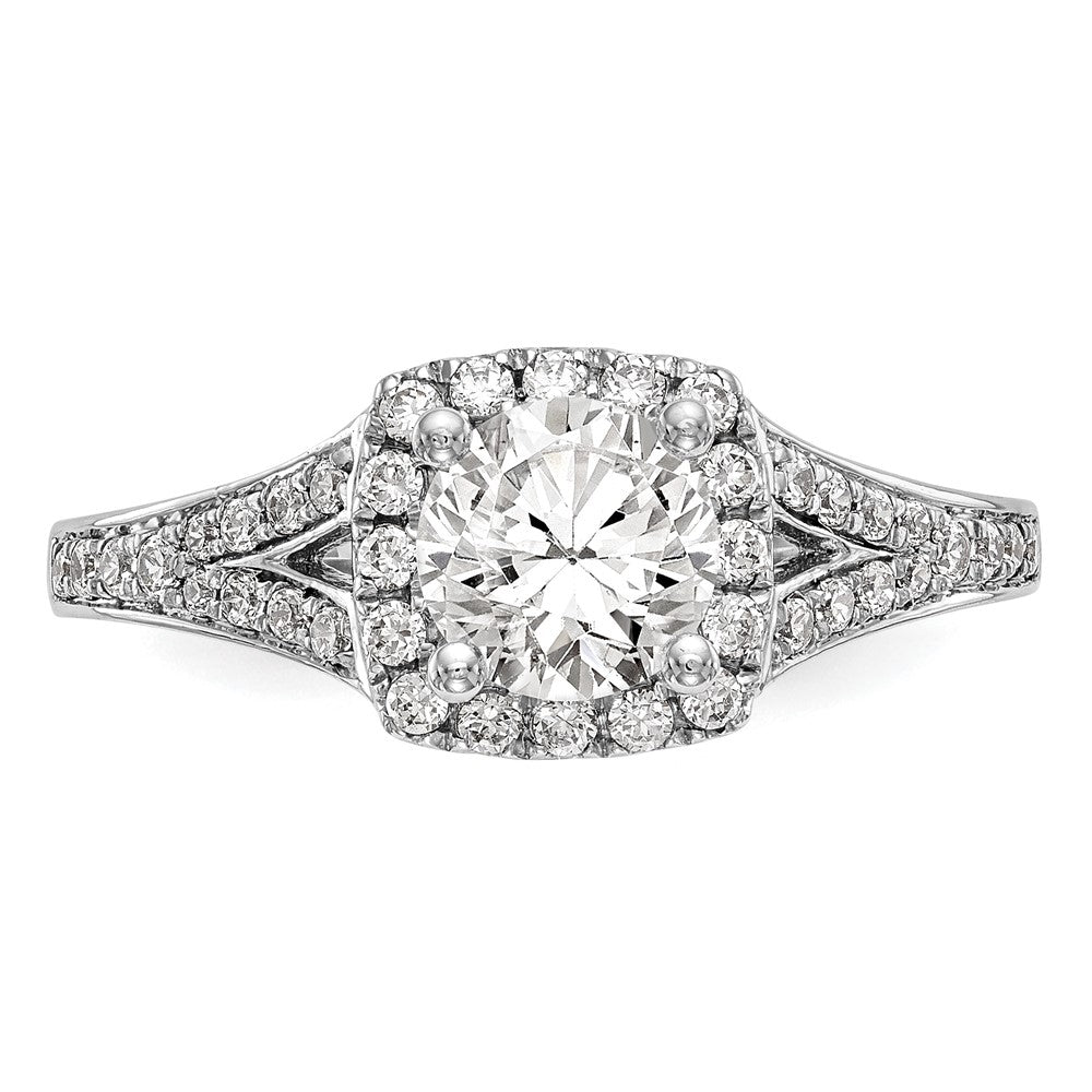 14K Weißgold Verlobungsring mit rundem simuliertem Diamanten und Kissen-Halo