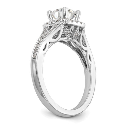 14K Weißgold Verlobungsring mit rundem simuliertem Diamanten und Kissen-Halo