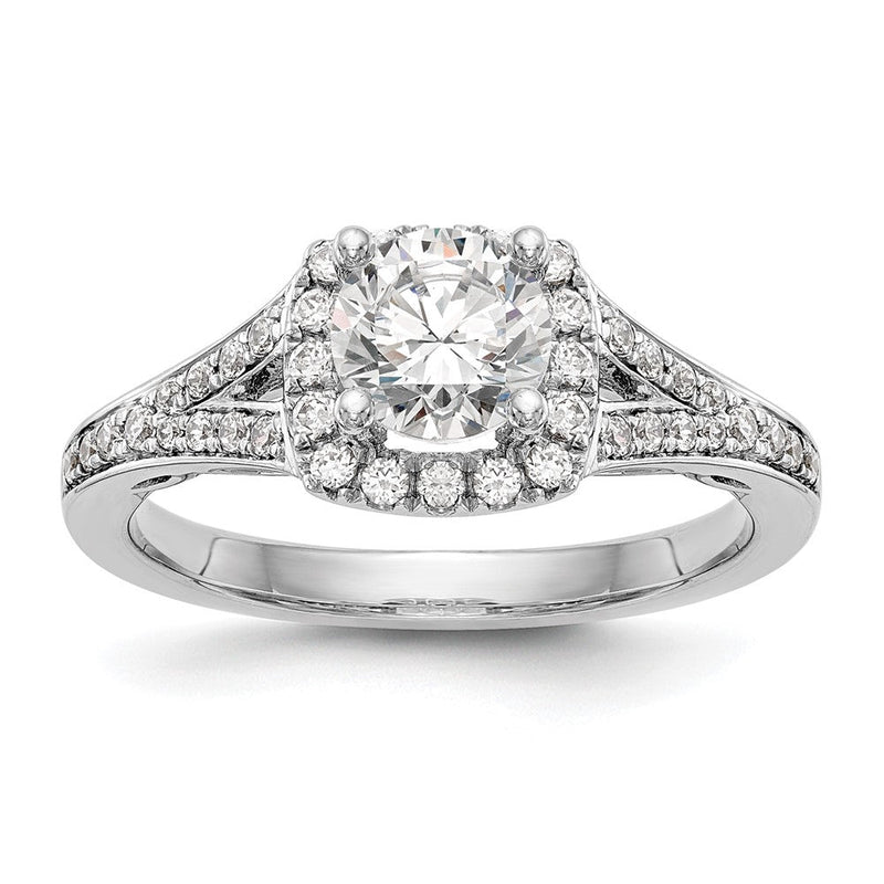 14K Weißgold Verlobungsring mit rundem simuliertem Diamanten und Kissen-Halo