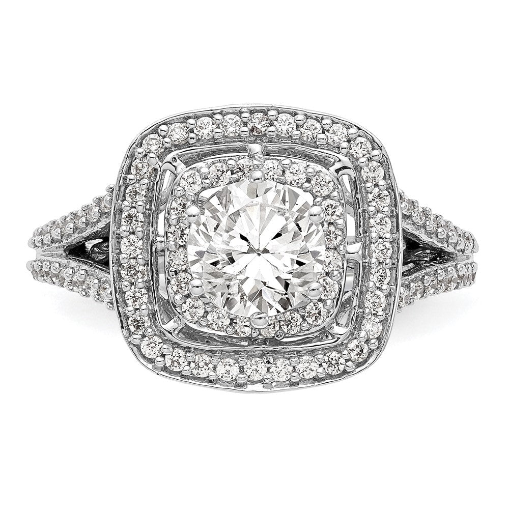 14K Weißgold Verlobungsring mit rundem simuliertem Diamanten und Kissenschliff-Halo