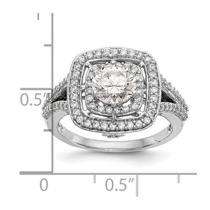 14K Weißgold Verlobungsring mit rundem simuliertem Diamanten und Kissenschliff-Halo