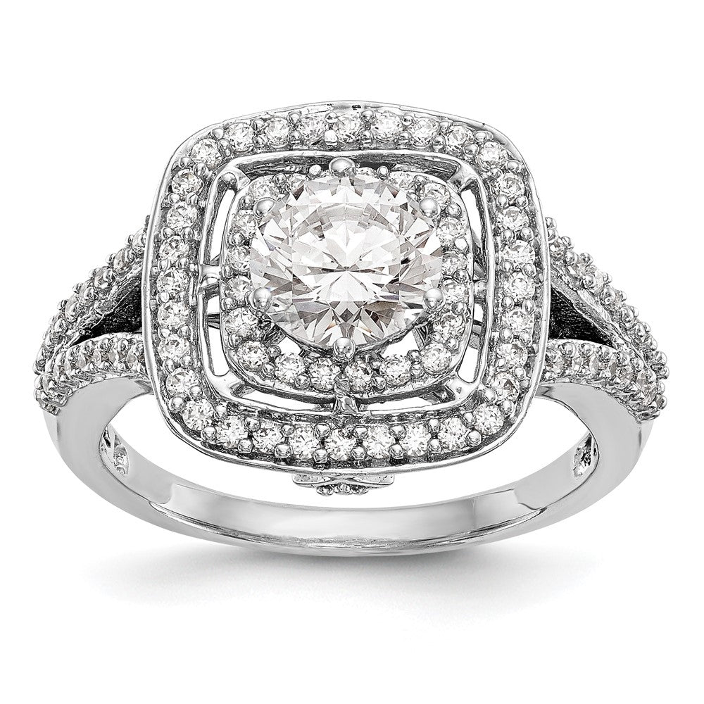 14K Weißgold Verlobungsring mit rundem simuliertem Diamanten und Kissenschliff-Halo