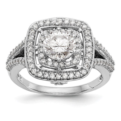 14K Weißgold Verlobungsring mit rundem simuliertem Diamanten und Kissenschliff-Halo