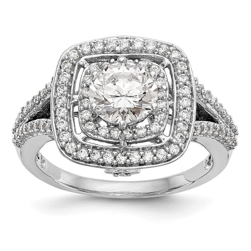 14K Weißgold Verlobungsring mit rundem simuliertem Diamanten und Kissenschliff-Halo