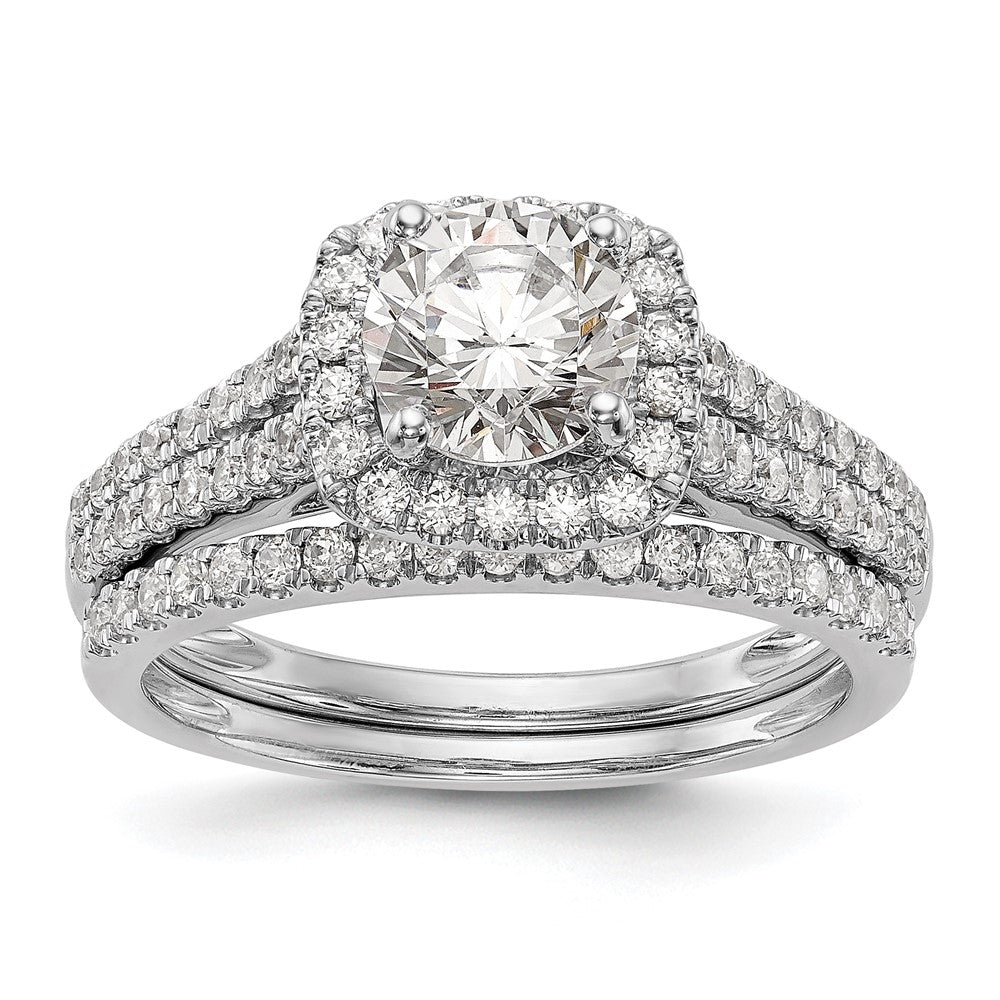 Verlobungsring aus 14K Weißgold mit Krappenfassung, simuliertem Diamanten im Kissenschliff und Halo-Fassung