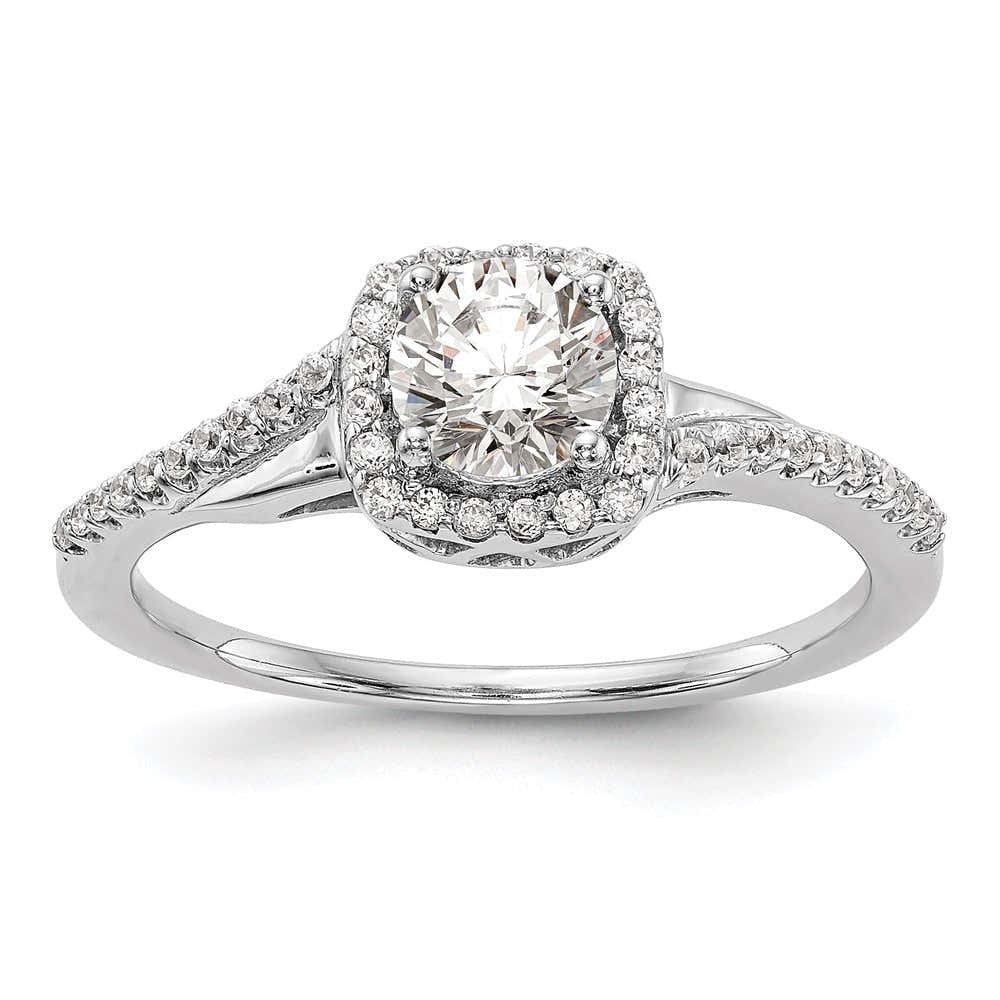 Verlobungsring aus 14K Weißgold mit simuliertem Diamanten im Kissenschliff und Halo-Fassung