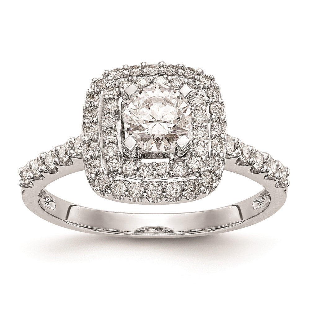 14K Weißgold Verlobungsring mit simuliertem Diamanten im Kissenschliff und doppelter Halo-Fassung