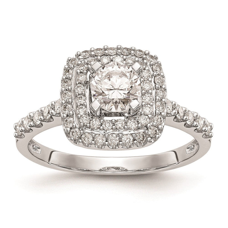 14K Weißgold Verlobungsring mit simuliertem Diamanten, Kissenschliff, doppelter Halo-Fassung