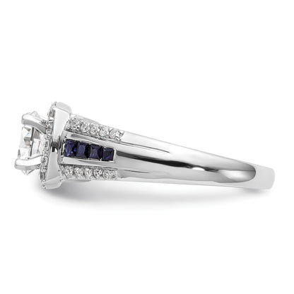 14K Weißgold Verlobungsring mit 0,33 ct. im Krappenzargen-Halbfassung mit im Labor gezüchteten Diamanten VS/SI+ G+ und im Labor gezüchteten blauen Saphiren