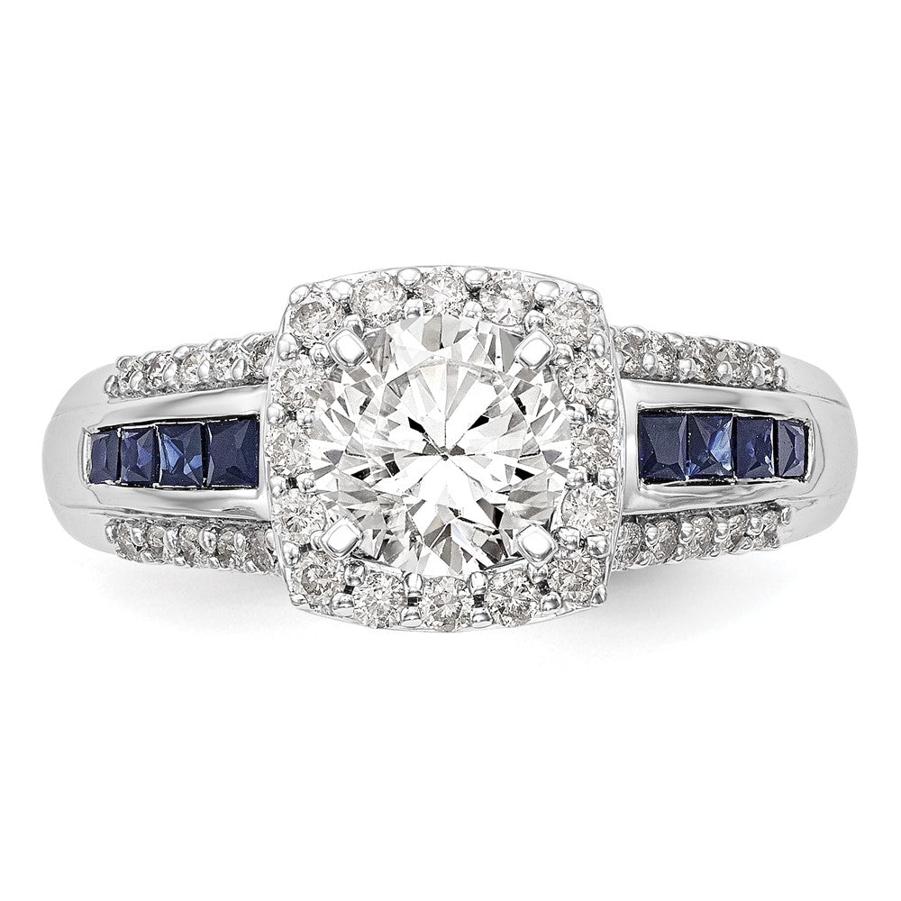 14K Weißgold Verlobungsring mit 0,33 ct. im Krappenzargen-Halbfassung mit im Labor gezüchteten Diamanten VS/SI+ G+ und im Labor gezüchteten blauen Saphiren