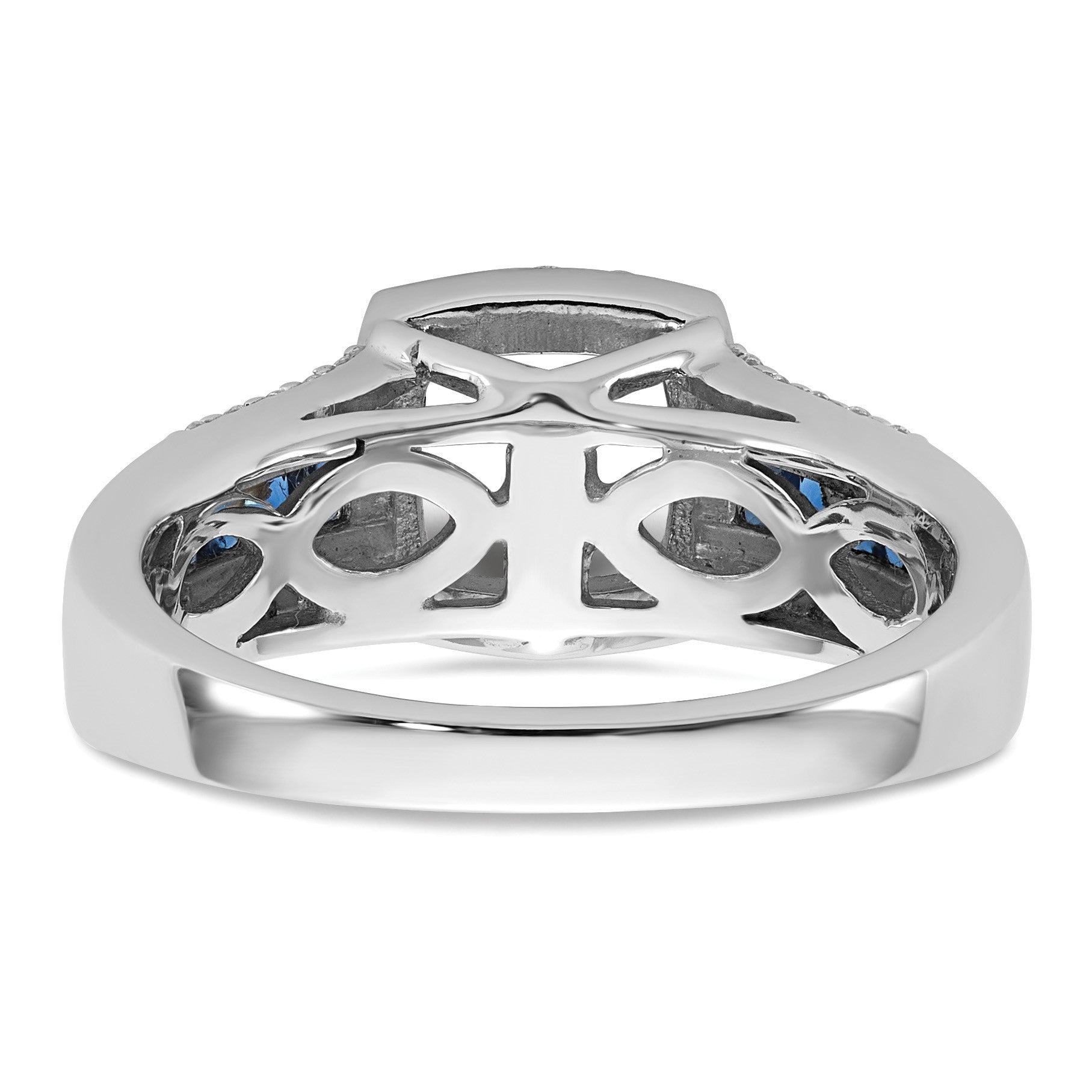 14K Weißgold Verlobungsring mit 0,33 ct. im Krappenzargen-Halbfassung mit im Labor gezüchteten Diamanten VS/SI+ G+ und im Labor gezüchteten blauen Saphiren
