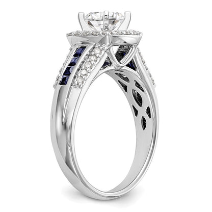 14K Weißgold Verlobungsring mit 0,33 ct. im Krappenzargen-Halbfassung mit im Labor gezüchteten Diamanten VS/SI+ G+ und im Labor gezüchteten blauen Saphiren