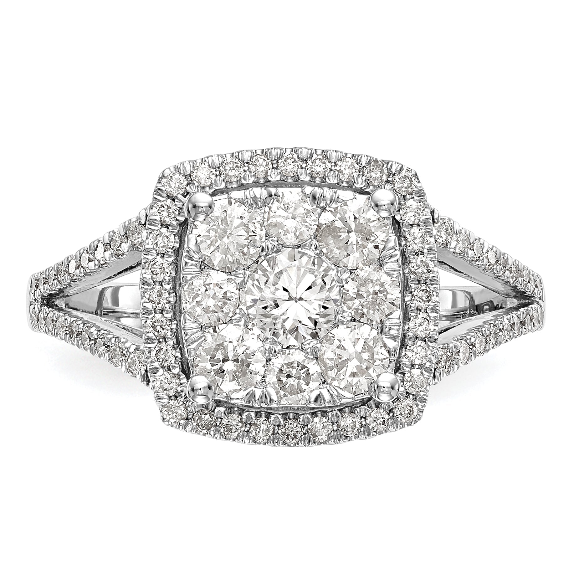14K Weißgold Verlobungsring mit 1 ct. Laborgezüchteten Diamanten VS/SI+ G+ im Cluster-Design