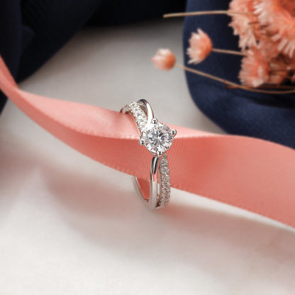 14K Weißgold By Pass (holds 1/3 Karat (4.5mm) Rund Mittig) 1/6 Diamant Halbfassung Verlobungsring