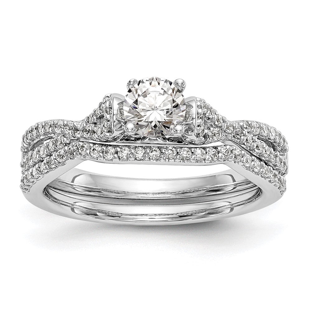 14K Weißgold Verlobungsring „Criss Cross" mit simulierten Diamanten in Krappenfassung