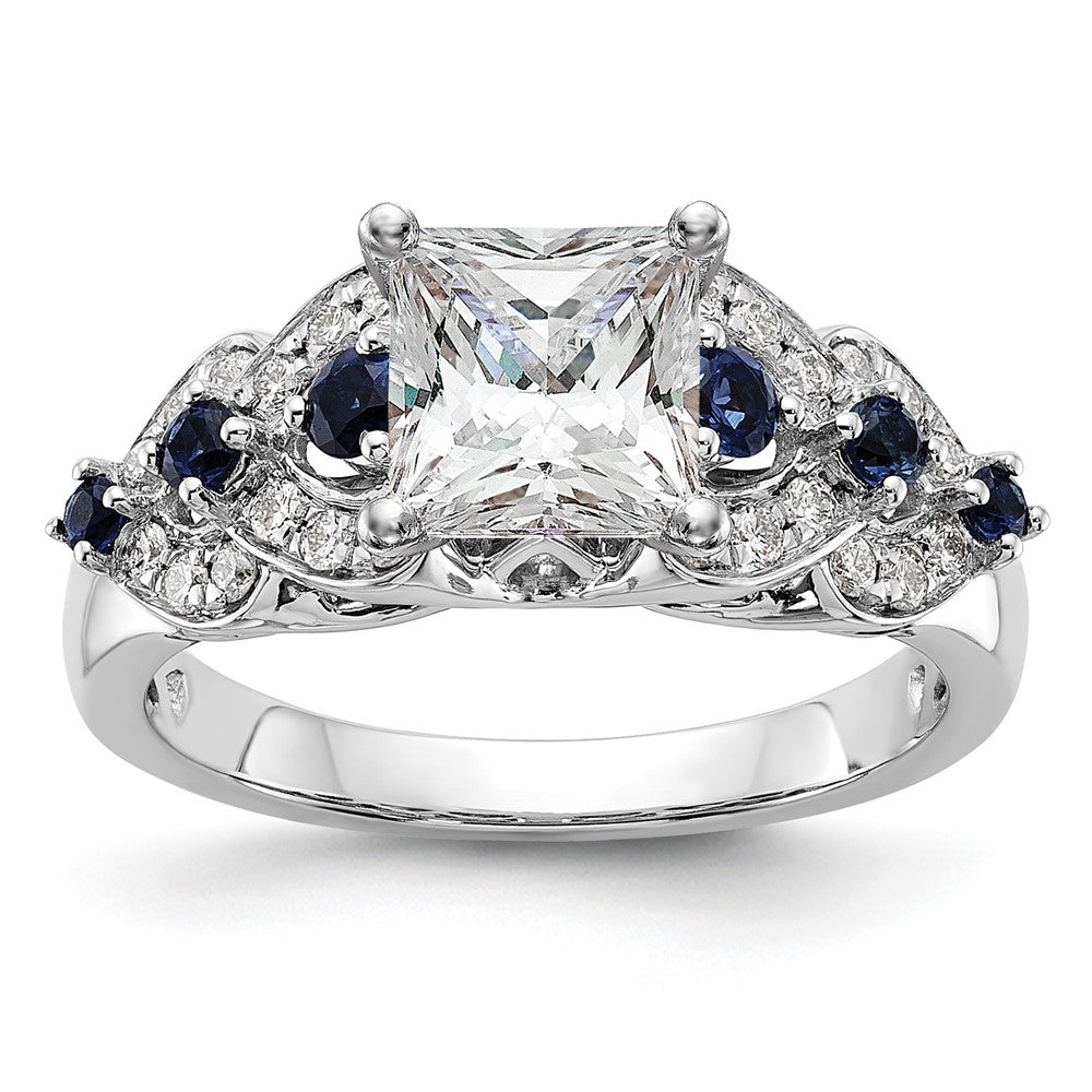 14K Weißgold Verlobungsring mit 0,25 ct. im Peg-Set gefassten, im Labor gezüchteten Diamanten VS/SI+ G+ und im Labor gezüchteten blauen Saphiren