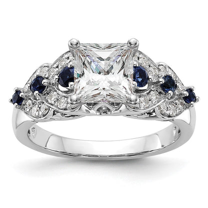 14K Weißgold Verlobungsring mit 0,25 ct. im Peg-Set gefassten, im Labor gezüchteten Diamanten VS/SI+ G+ und im Labor gezüchteten blauen Saphiren