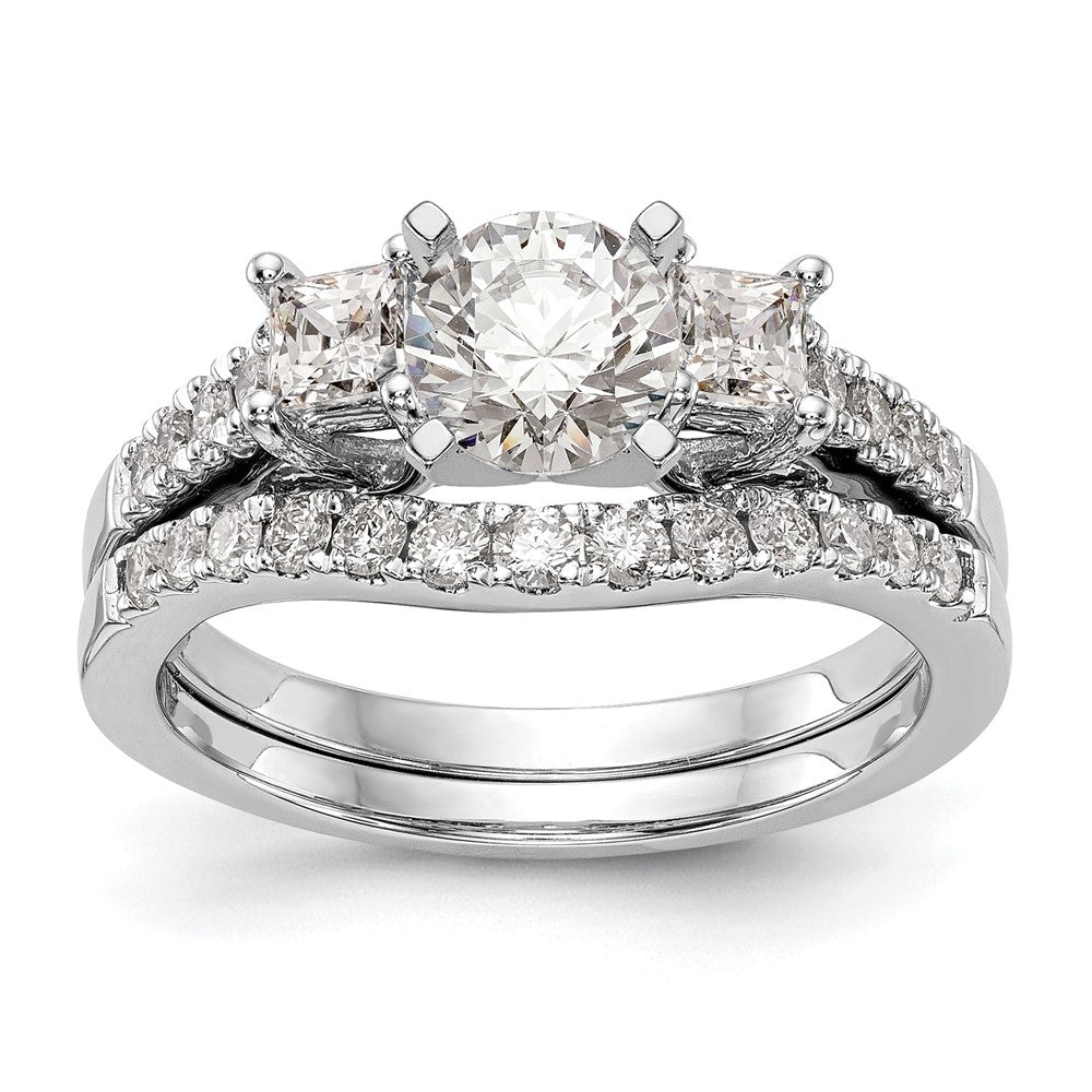 14K Weißgold 3 Stein Plus Stift Set Mittig Princess Diamant Halbfassung Verlobungsring