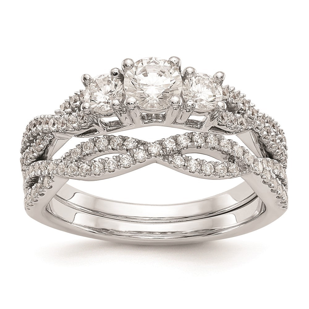 14K Weißgold 3 Stein Plus (holds 4.5mm Rund Mittig) Diamant Halbfassung Verlobungsring