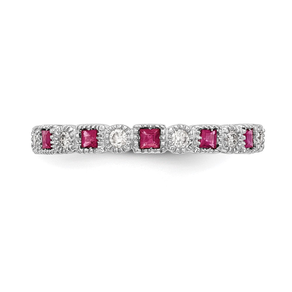 14K Weißgold Ring mit echtem Diamant und Rubin