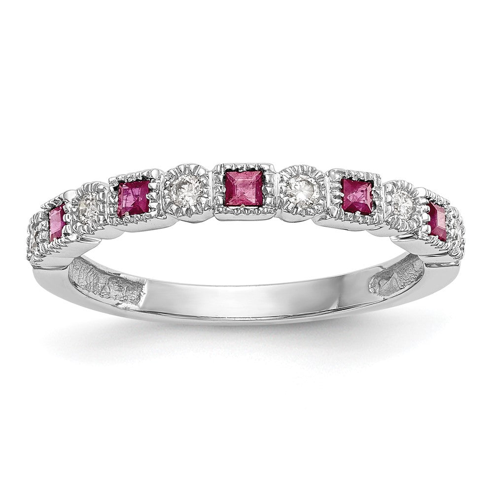 14K Weißgold Ring mit echtem Diamant und Rubin