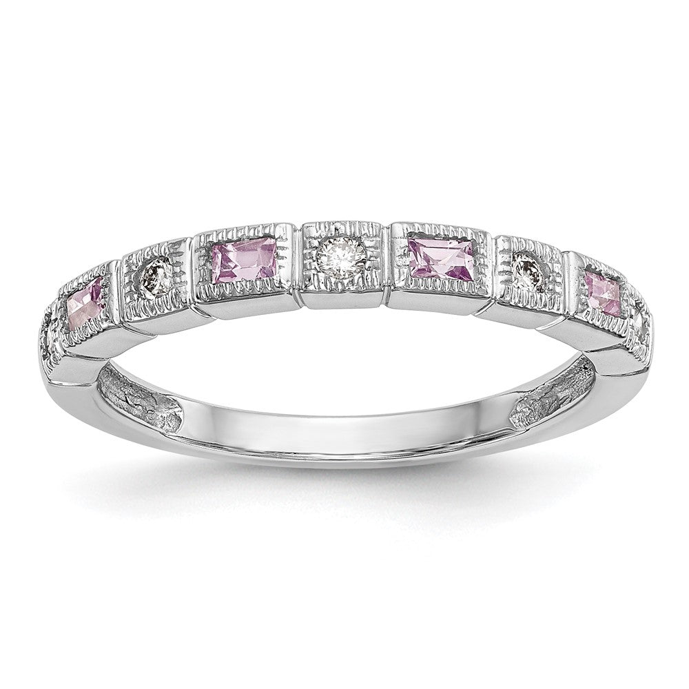 14K Weißgold 1/10 Karat Diamant und Rosa Saphir Komplett Ring
