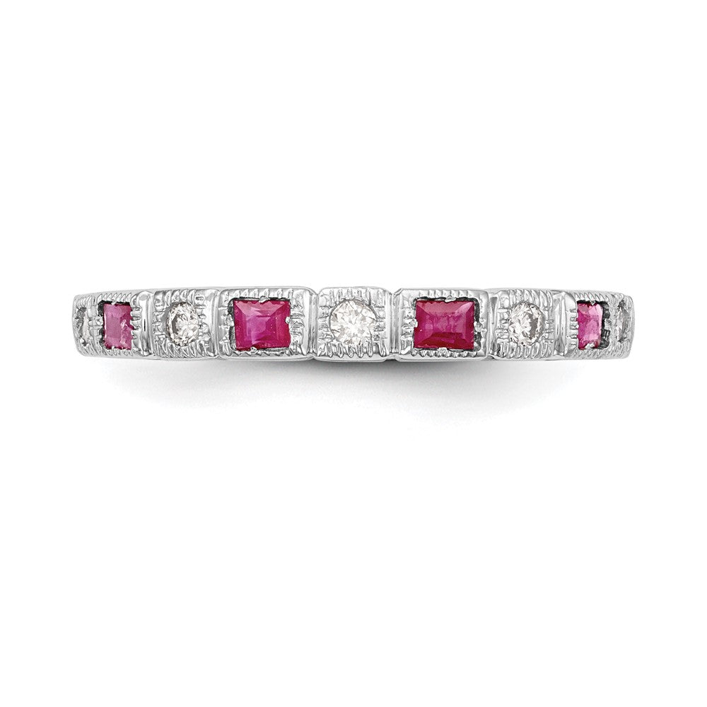 14K Weißgold 1/10 Karat Diamant und Rubin Komplett Ring