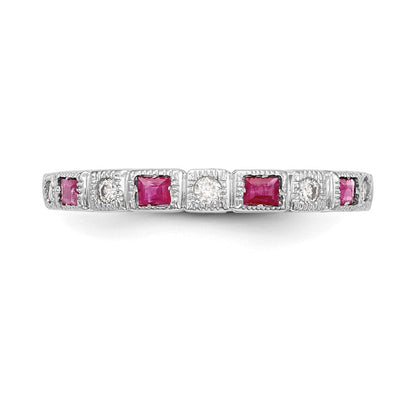 14K Weißgold 1/10 Karat Diamant und Rubin Komplett Ring