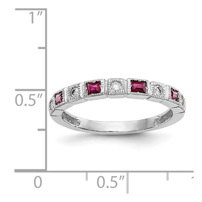 14K Weißgold 1/10 Karat Diamant und Rubin Komplett Ring