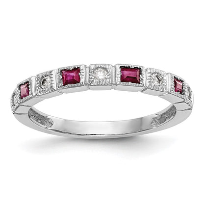14K Weißgold 1/10 Karat Diamant und Rubin Komplett Ring