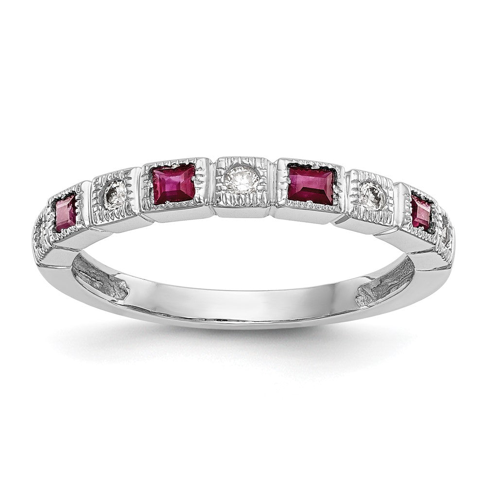 14K Weißgold 1/10 Karat Diamant und Rubin Komplett Ring