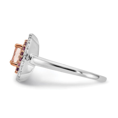 14K Weiß- und Roségold Ring mit Morganit, Amethyst und Diamant im Kissenschliff
