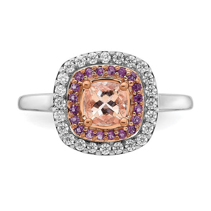 14K Weiß- und Roségold Ring mit Morganit, Amethyst und Diamant im Kissenschliff