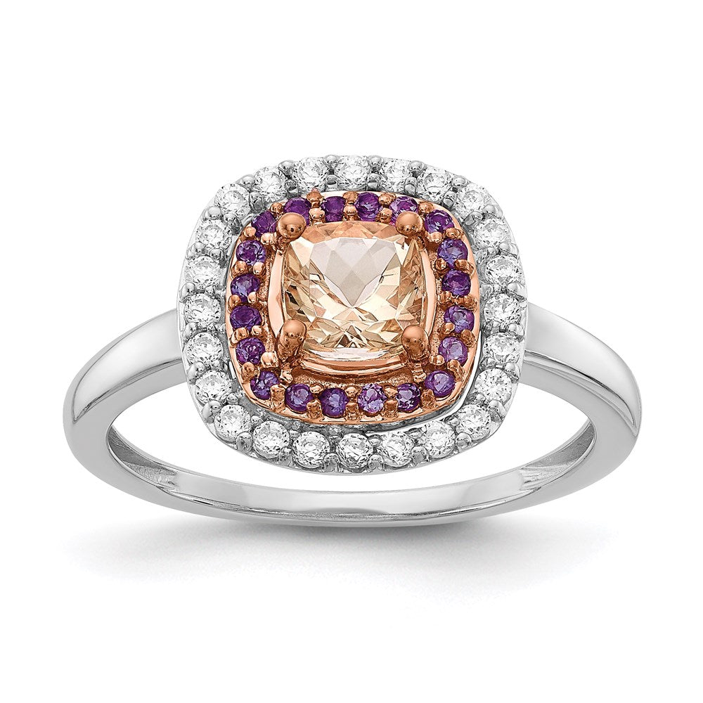 14K Weiß- und Roségold Ring mit Morganit, Amethyst und Diamant im Kissenschliff