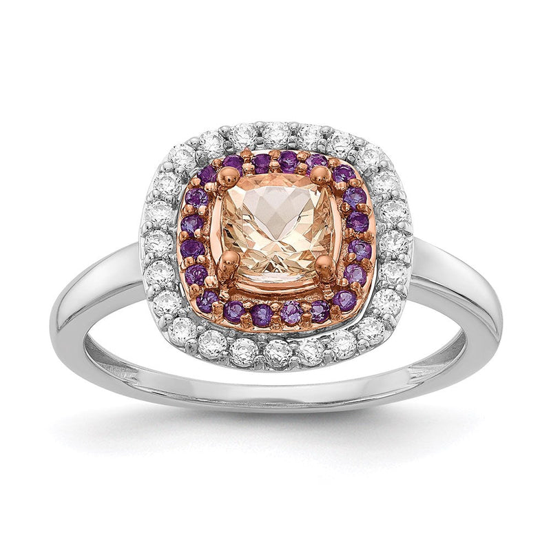 14K Weiß- und Roségold Ring mit Morganit, Amethyst und Diamant im Kissenschliff