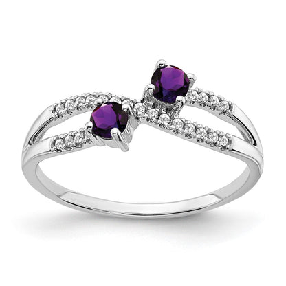 14K Weißgold Ring mit zwei Amethysten und echten Diamanten