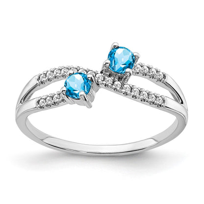 14K Weißgold Ring mit zwei Blautopasen und echten Diamanten