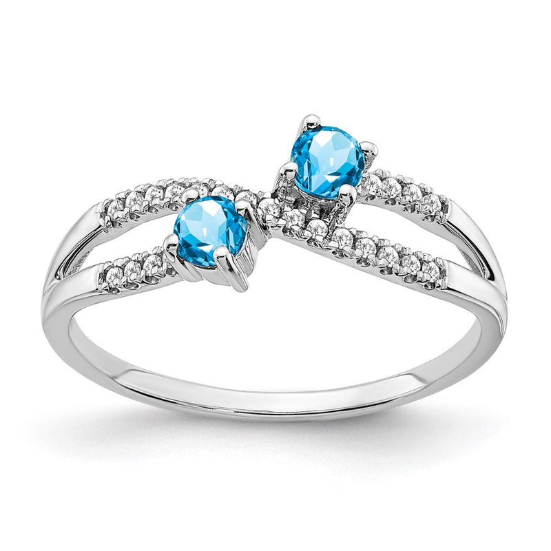 14K Weißgold Ring mit zwei Blautopasen und echten Diamanten