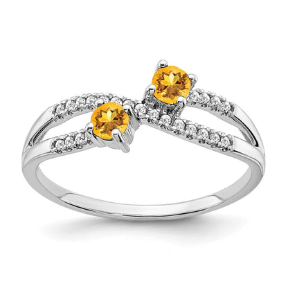 14K Weißgold Ring mit zwei Citrinen und echten Diamanten