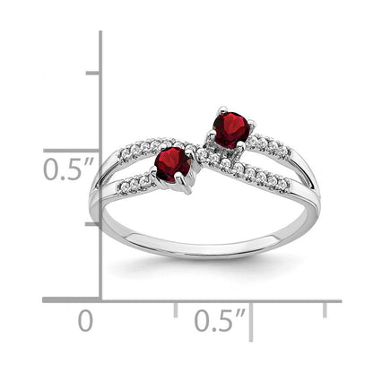 14K Weißgold Ring mit zwei Steinen, Granat und echtem Diamant