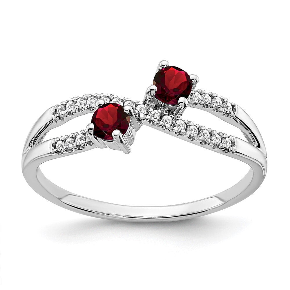 14K Weißgold Ring mit zwei Steinen, Granat und echtem Diamant