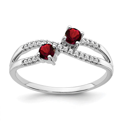 14K Weißgold Ring mit zwei Steinen, Granat und echtem Diamant
