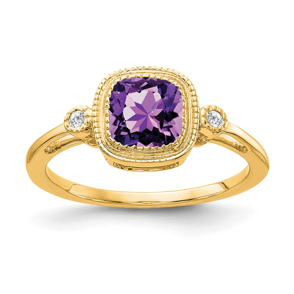 14K Gelbgold Ring mit Kissenschliff-Amethyst und echten Diamanten