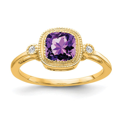 14K Gelbgold Ring mit Kissenschliff-Amethyst und echten Diamanten