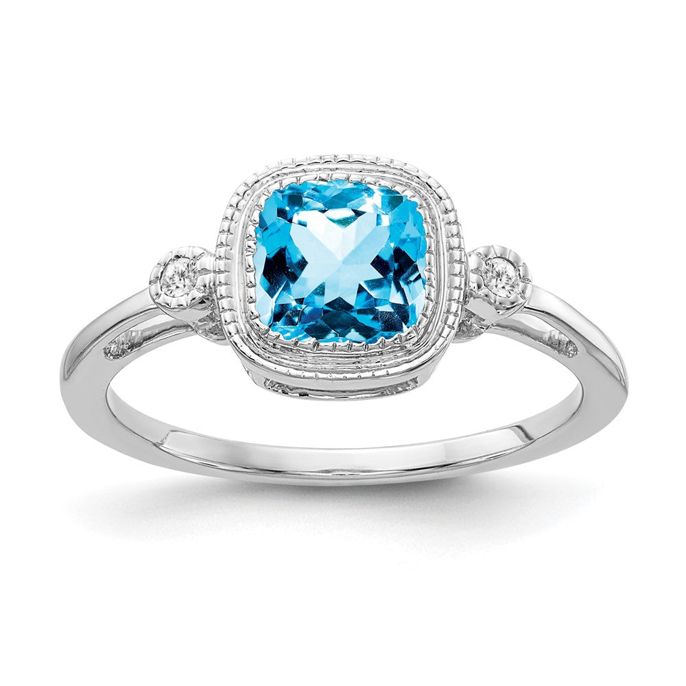 14K Weißgold Ring mit Kissenschliff-Blautopas und echten Diamanten