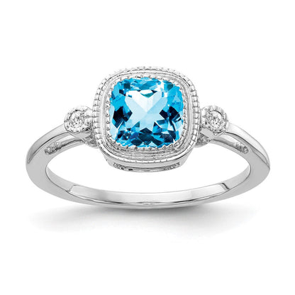 14K Weißgold Ring mit Kissenschliff-Blautopas und echten Diamanten