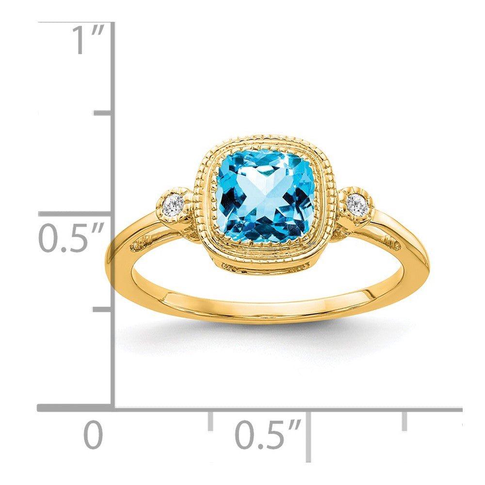 14K Gelbgold Ring mit Kissenschliff-Blautopas und echten Diamanten
