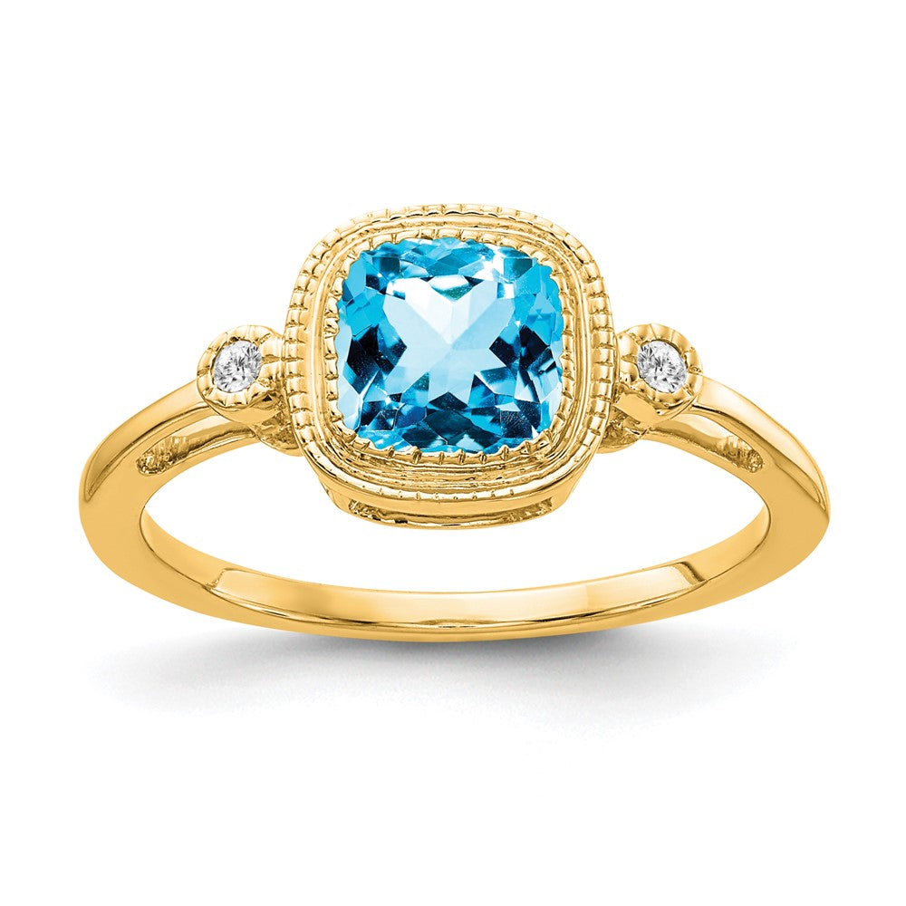 14K Gelbgold Ring mit Kissenschliff-Blautopas und echten Diamanten