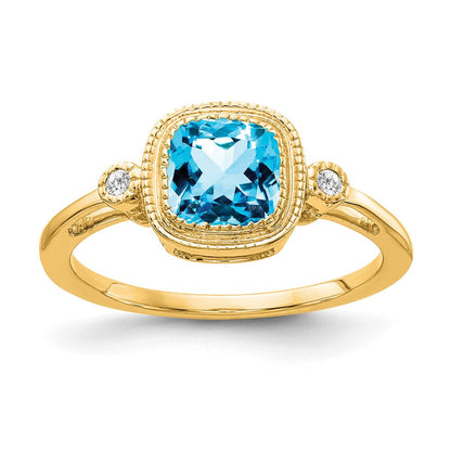 14K Gelbgold Ring mit Kissenschliff-Blautopas und echten Diamanten