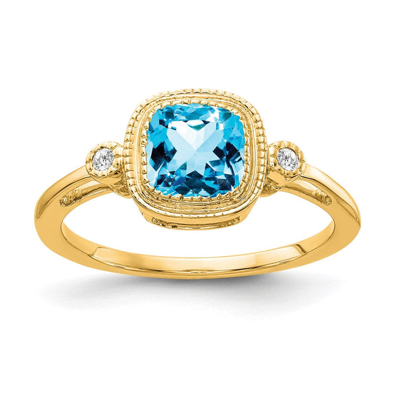 14K Gelbgold Ring mit Kissenschliff-Blautopas und echten Diamanten